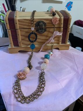 Long Pink and Teal Beaded Necklace with Rose Accents